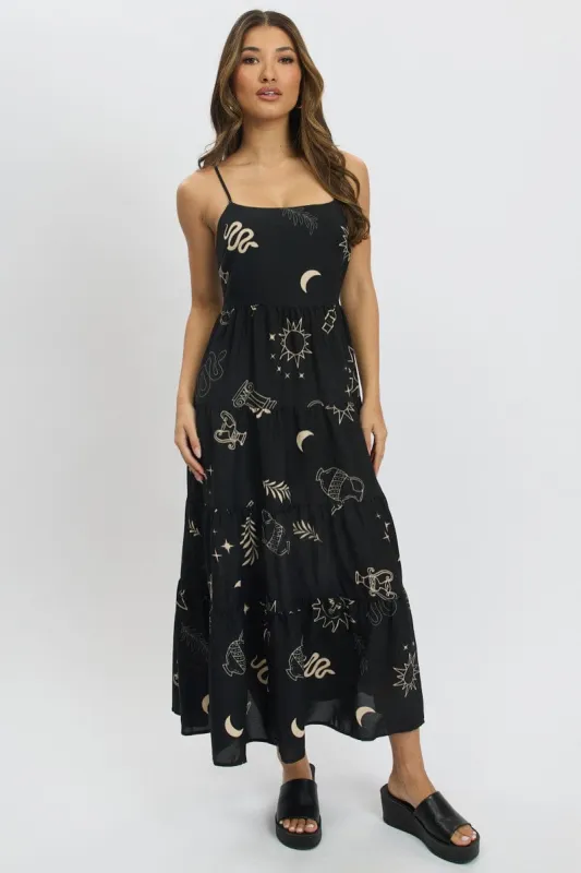 Black Abstract Midi Dress Tiered Strappy sold by Ally Fashion