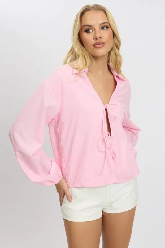 Pink Tie  Up Front Top Long Sleeve sold by Ally Fashion