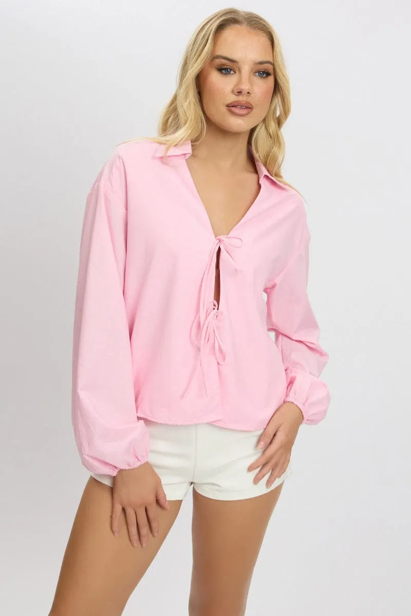 Pink Tie Up Front Top Long Sleeve sold by Ally Fashion product image thumbnail 3