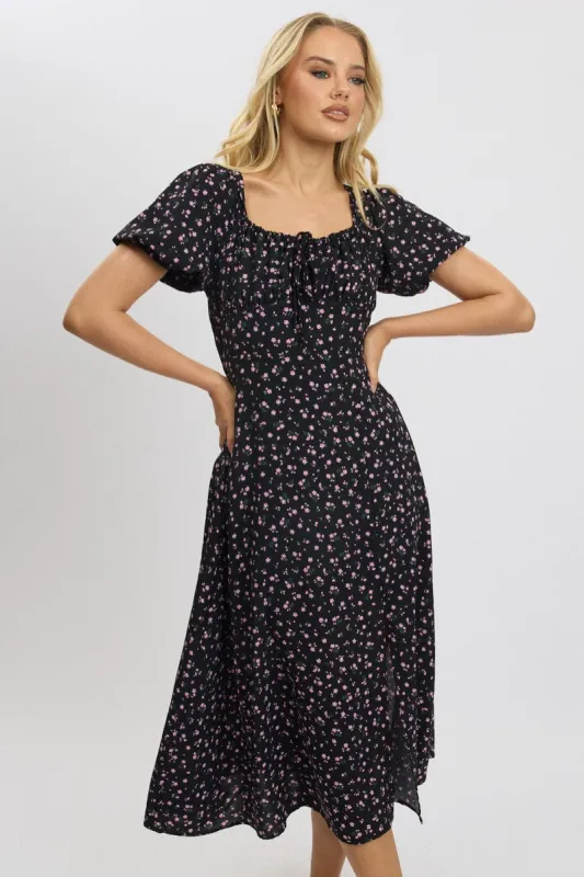 Black Ditsy Midi Dress Short Sleeve Side Split sold by Ally Fashion
