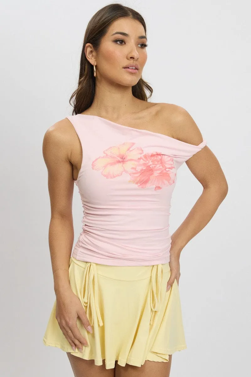 Pink Graphic Top Twist off Shoulder Supersoft sold by Ally Fashion