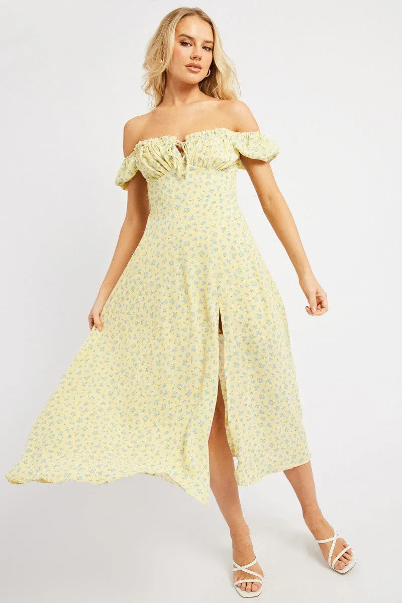 Yellow Ditsy Midi Dress Puff Sleeve sold by Ally Fashion