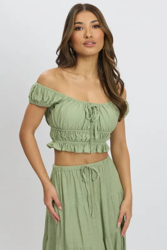 Green Ruched Top Short Sleeve Linen Blend sold by Ally Fashion