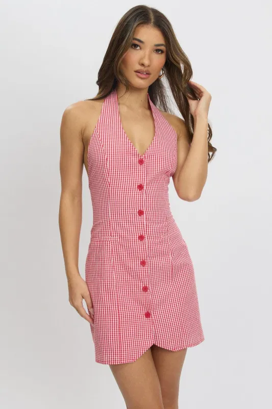 Red Check Halter Neck Dress Mini sold by Ally Fashion