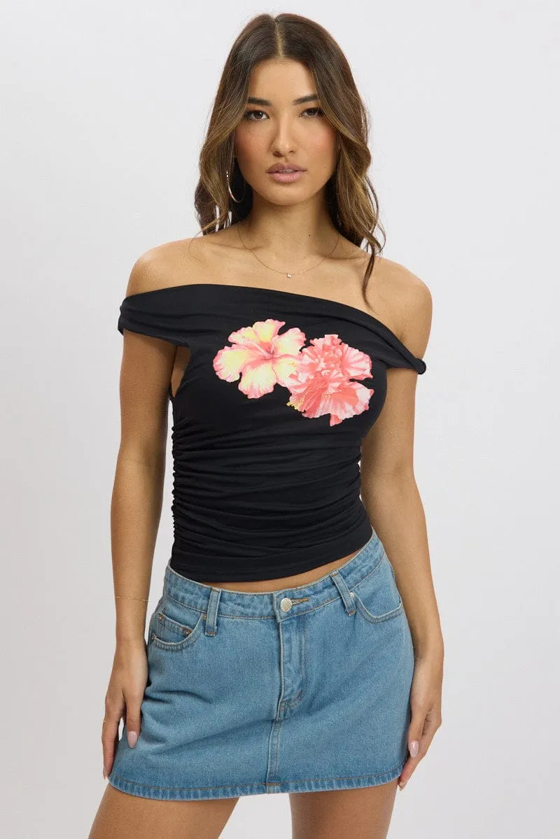 Black Graphic Top Twist off Shoulder Supersoft sold by Ally Fashion product image thumbnail 3