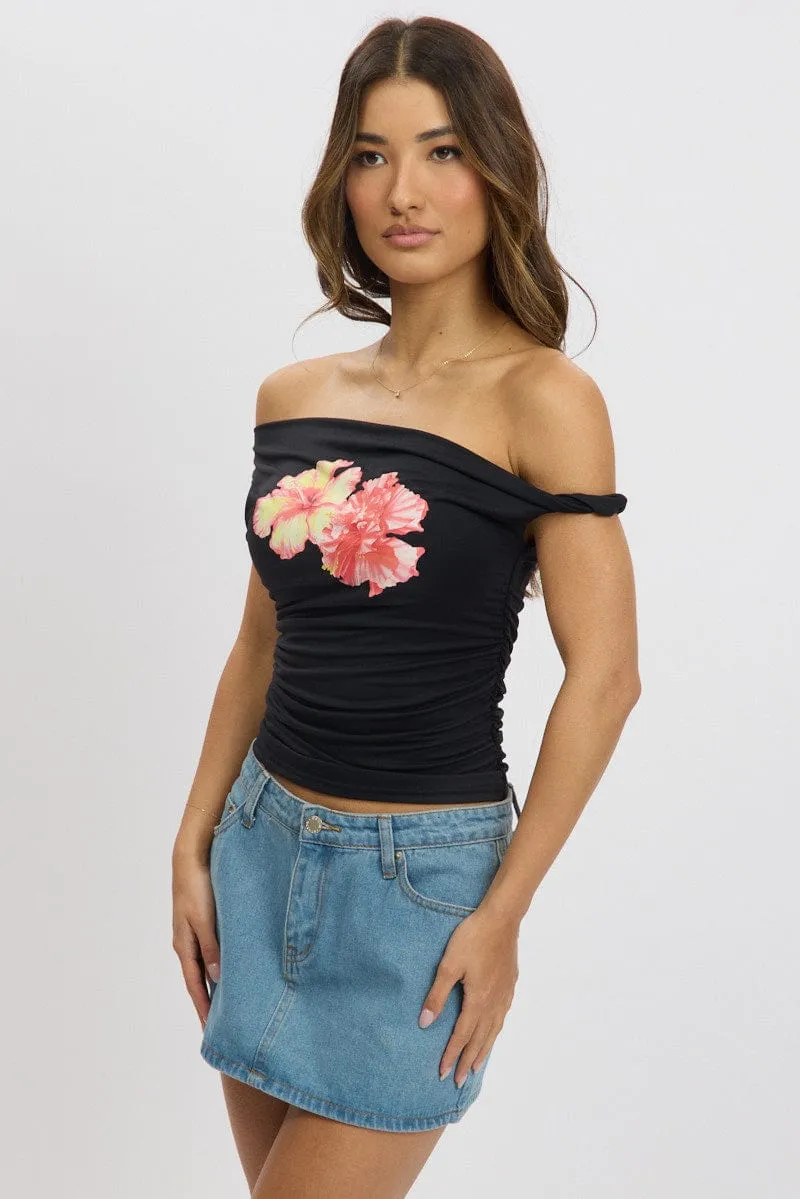 Black Graphic Top Twist off Shoulder Supersoft sold by Ally Fashion product image thumbnail 4