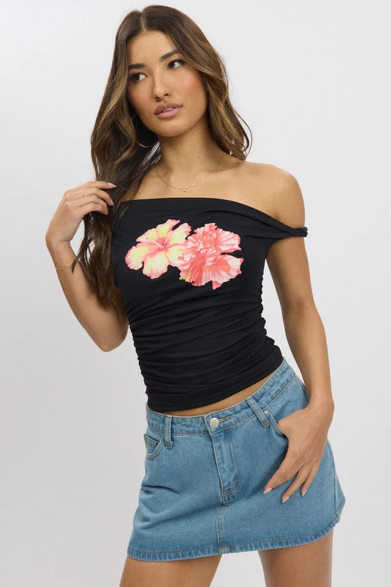 Black Graphic Top Twist off Shoulder Supersoft sold by Ally Fashion