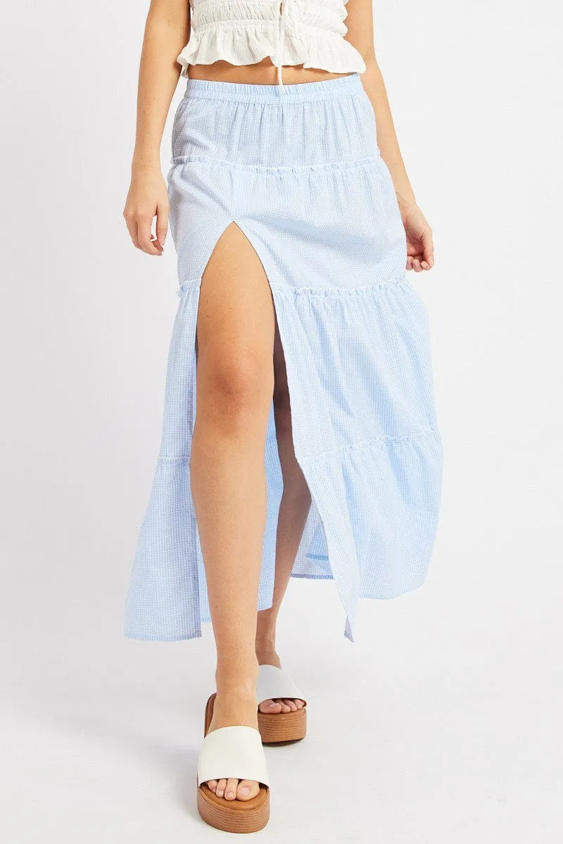 Blue Check Tiered Maxi Slit Skirt sold by Ally Fashion