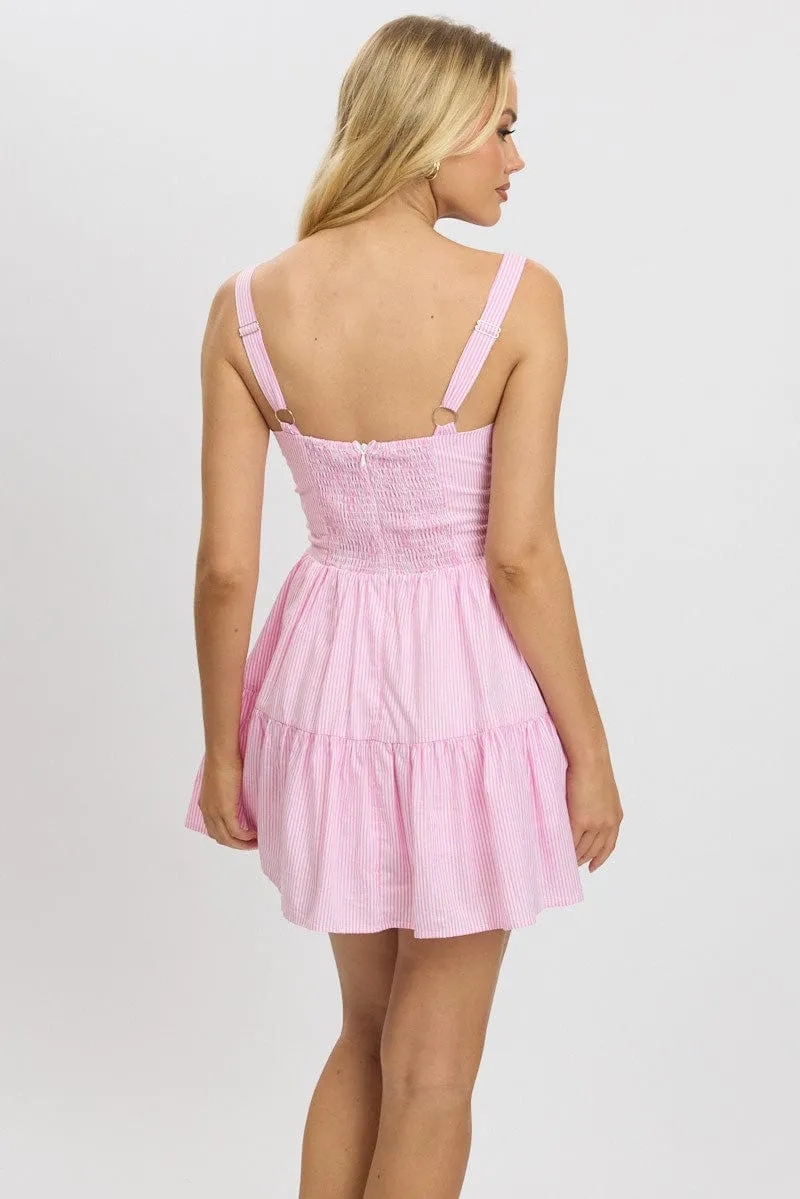 Pink Stripe Fit And Flare Dress Mini Gathered Bust sold by Ally Fashion product image thumbnail 5