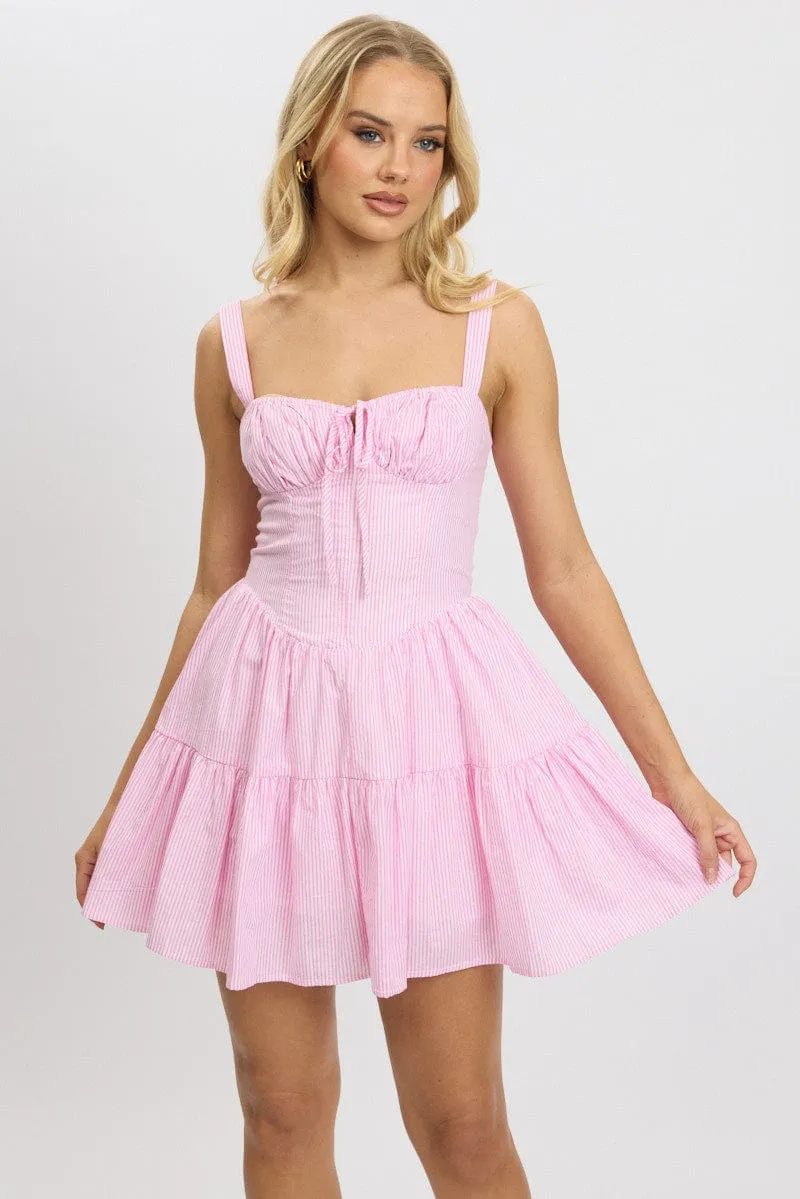 Pink Stripe Fit And Flare Dress Mini Gathered Bust sold by Ally Fashion product image thumbnail 3