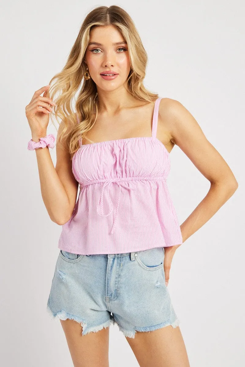 Pink Stripe Cami Top Sleeveless Gathered sold by Ally Fashion