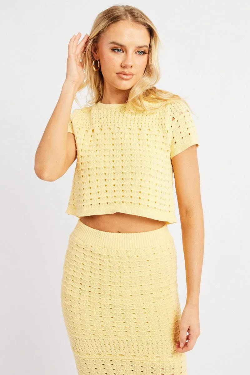 Yellow Knit Top Short Sleeve Crew Neck sold by Ally Fashion