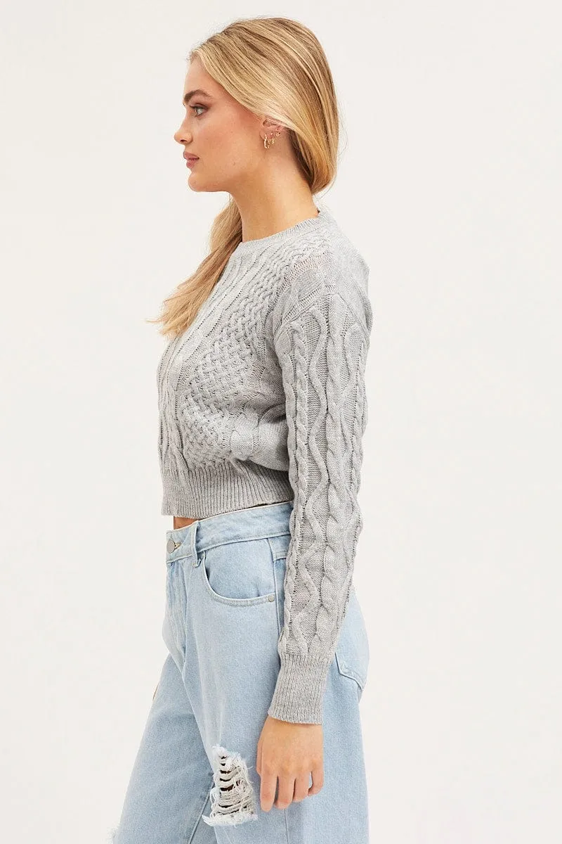 Grey Knit Top Long Sleeve Round Neck Cable sold by Ally Fashion product image thumbnail 4