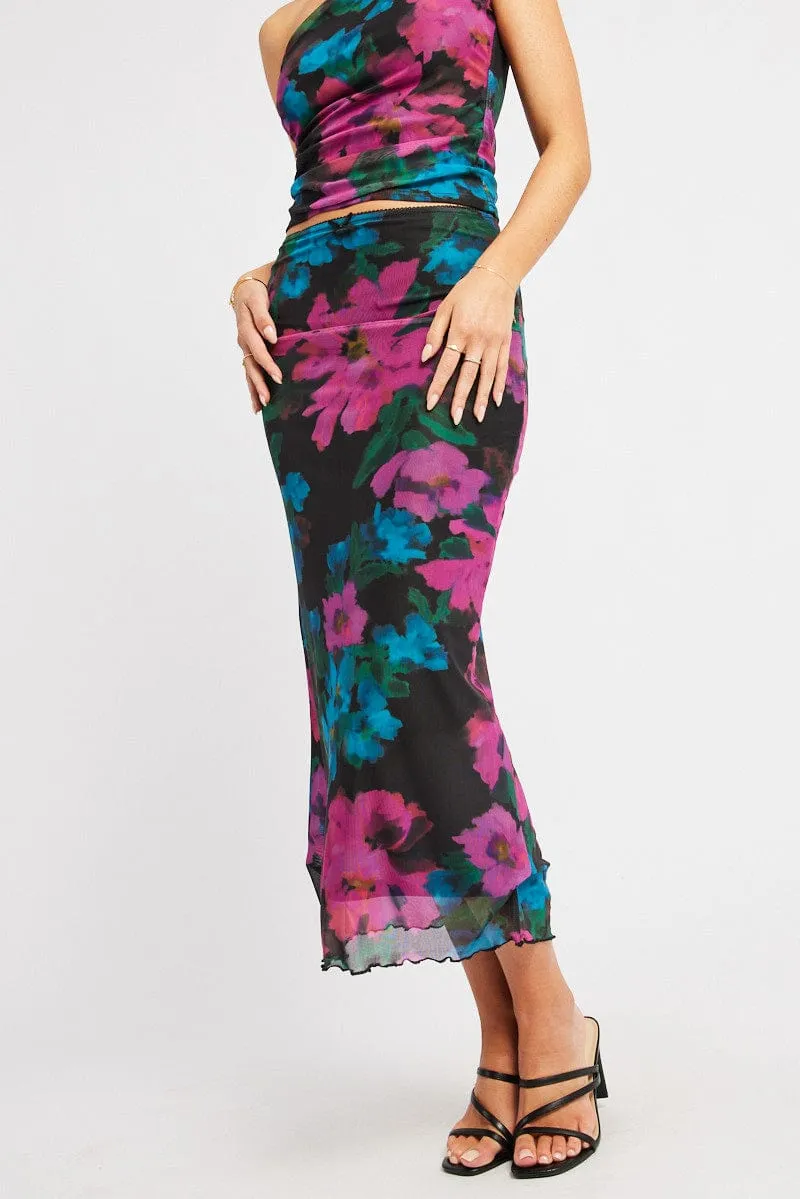 Multi Floral Mesh Skirt Elasticated Picot Trim Midaxi sold by Ally Fashion