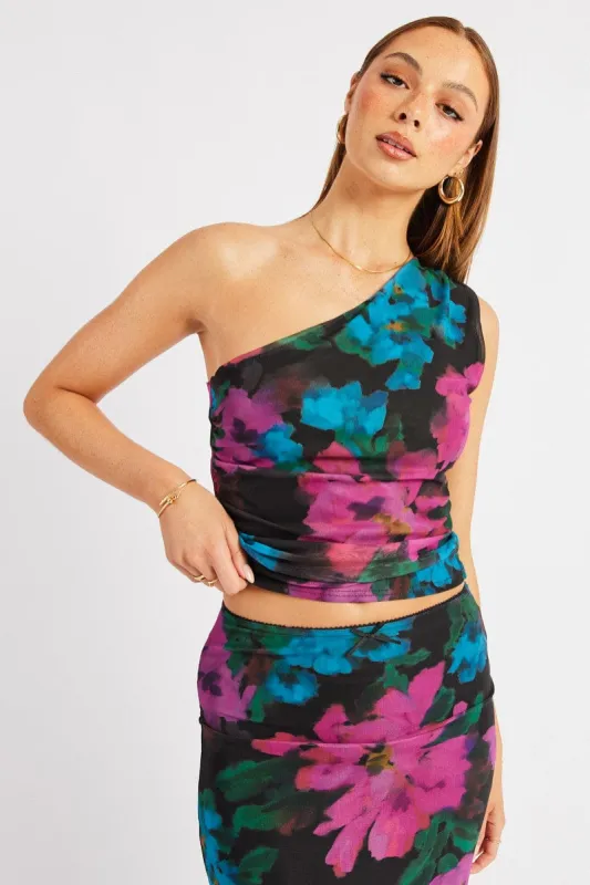 Pink Floral One Shoulder Top Sleeveless Mesh sold by Ally Fashion