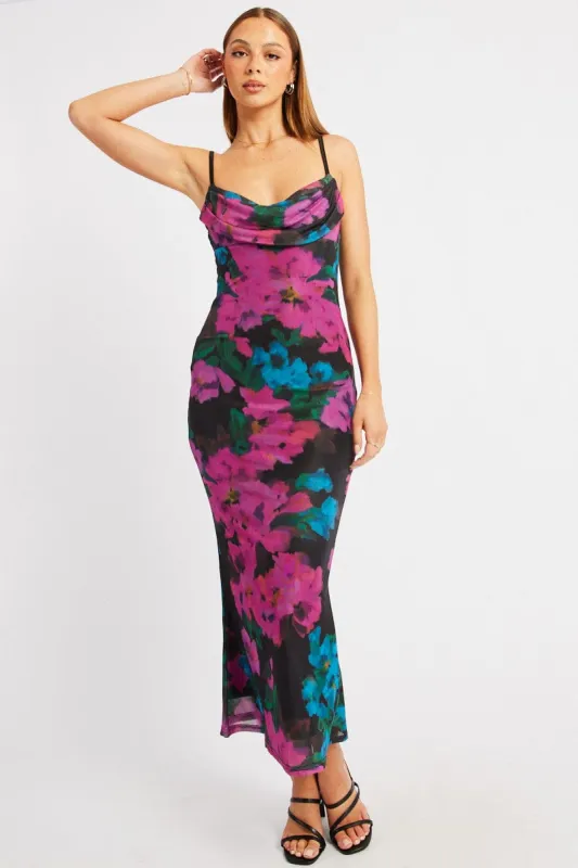 Pink Floral Bodycon Dress Singlet Cowl Neck Maxi sold by Ally Fashion