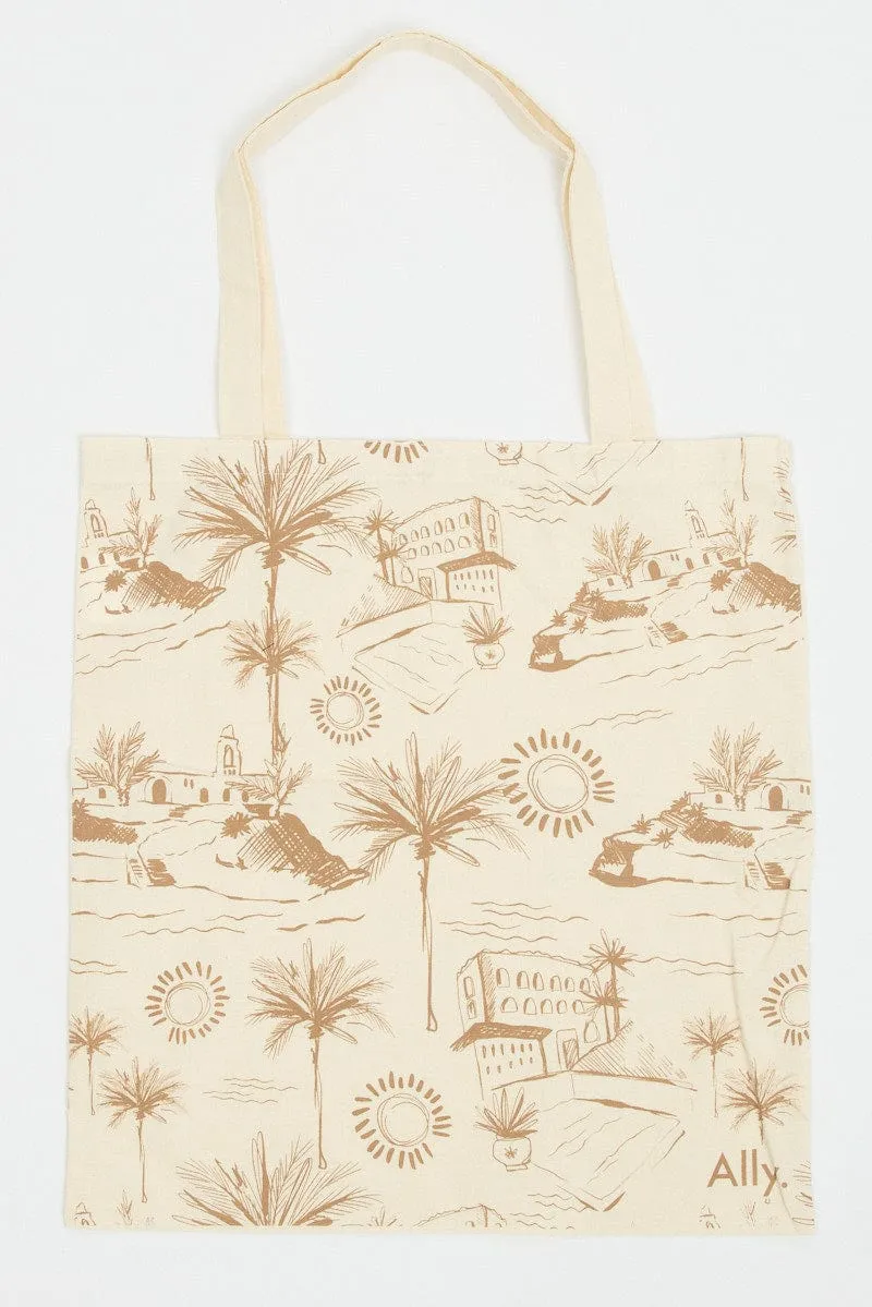 Beige Abstract Tote Bag Printed Beachside Escape sold by Ally Fashion