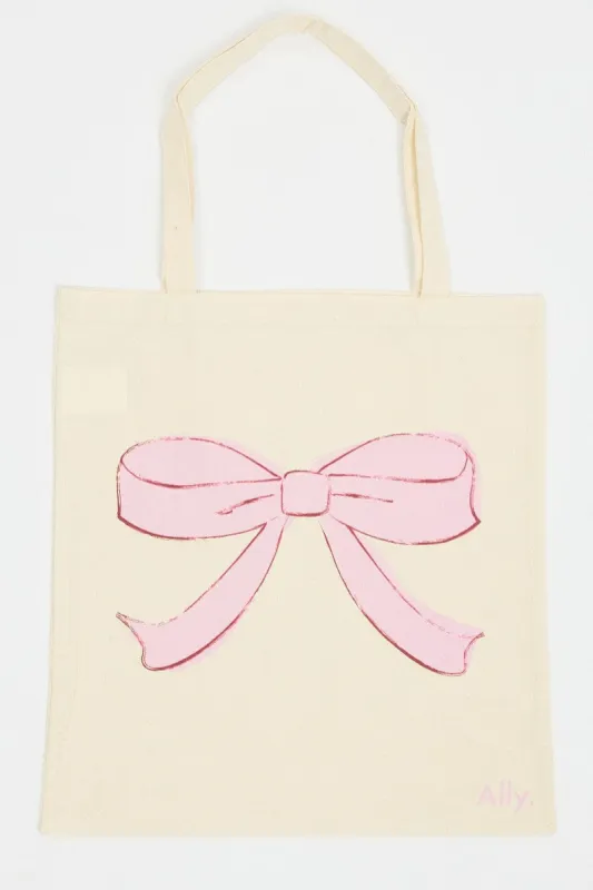 Pink Print Tote Bag Printed Bow Croquettecore sold by Ally Fashion