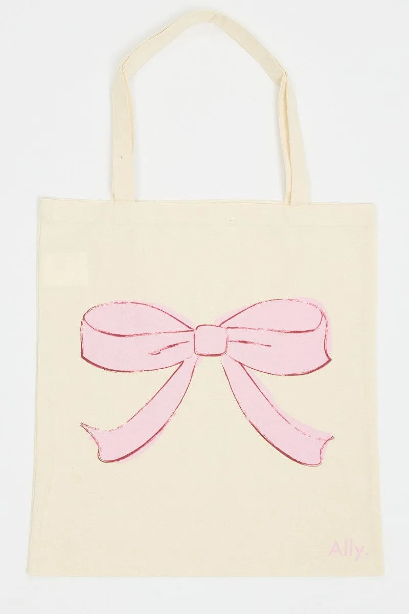 Pink Print Tote Bag Printed Bow Croquettecore sold by Ally Fashion