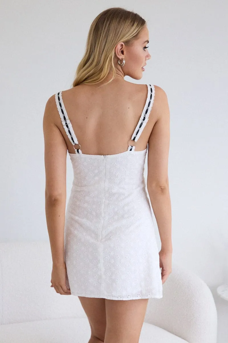 White Mini Dress Lace Trim Sleeveless Eyelet Fabric sold by Ally Fashion product image thumbnail 3
