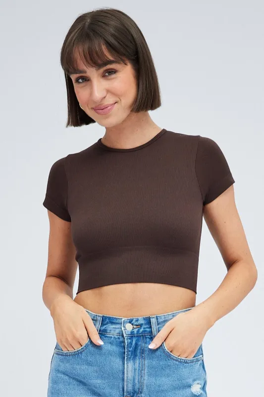 Brown T Shirt Short Sleeve Crew Neck Seamless sold by Ally Fashion