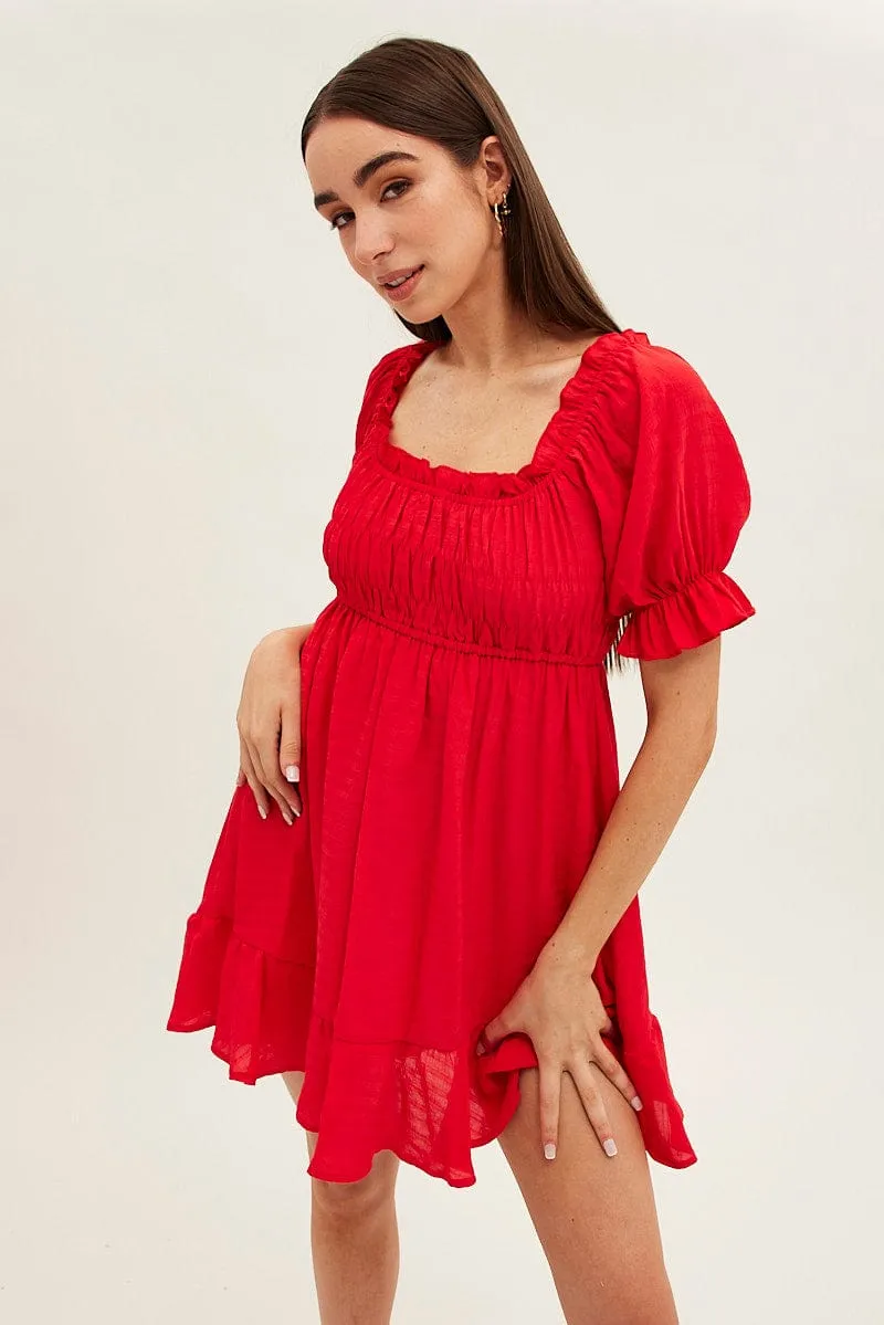 Red Gathered Bust Skater Dress sold by Ally Fashion