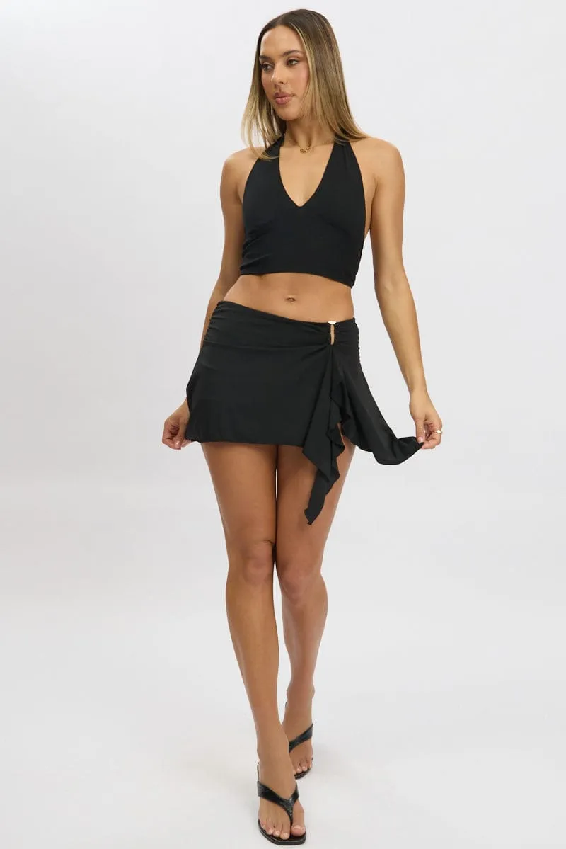 Black Mini Skort Skirt Mid Rise Buckle Detail High Low sold by Ally Fashion product image thumbnail 2