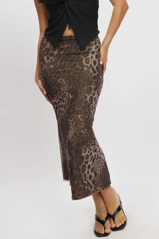 Brown Animal Print Mesh Skirt Elasticated Picot Trim Midaxi sold by Ally Fashion
