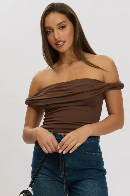 Brown Twist Top Off Shoulder sold by Ally Fashion