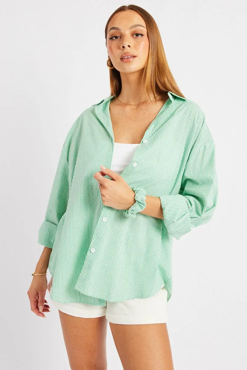 Green Stripe Relaxed Shirt Long Sleeve sold by Ally Fashion