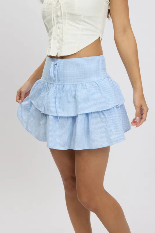 Blue Check Ruffle Mini Skirt High Rise Shirred Back Tiered sold by Ally Fashion
