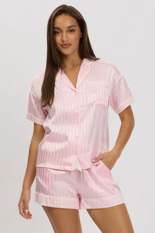 Pink Stripe Satin Pyjamas Set Short Sleeve sold by Ally Fashion