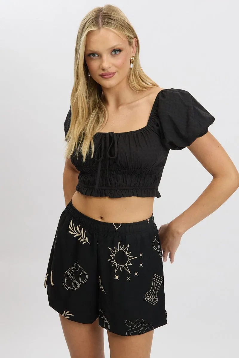 Black Crop Top Short Sleeve Shirred Waist sold by Ally Fashion