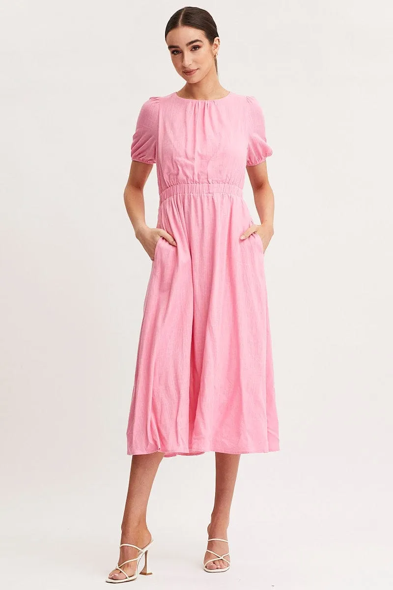 Pink Linen Blend Midi Dress sold by Ally Fashion