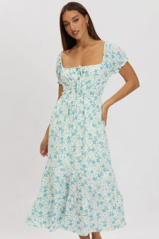 Blue Floral Maxi Dress Puff Sleeve sold by Ally Fashion