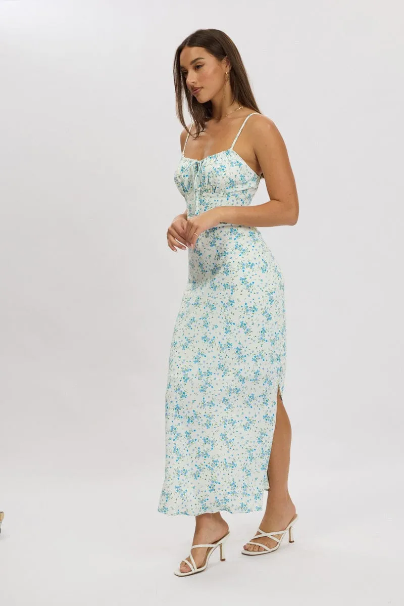 Blue Floral Midi Dress Gathering Bust Sleeveless sold by Ally Fashion product image thumbnail 3