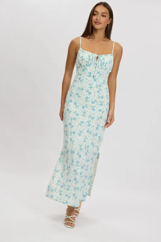 Blue Floral Midi Dress Gathering Bust Sleeveless sold by Ally Fashion