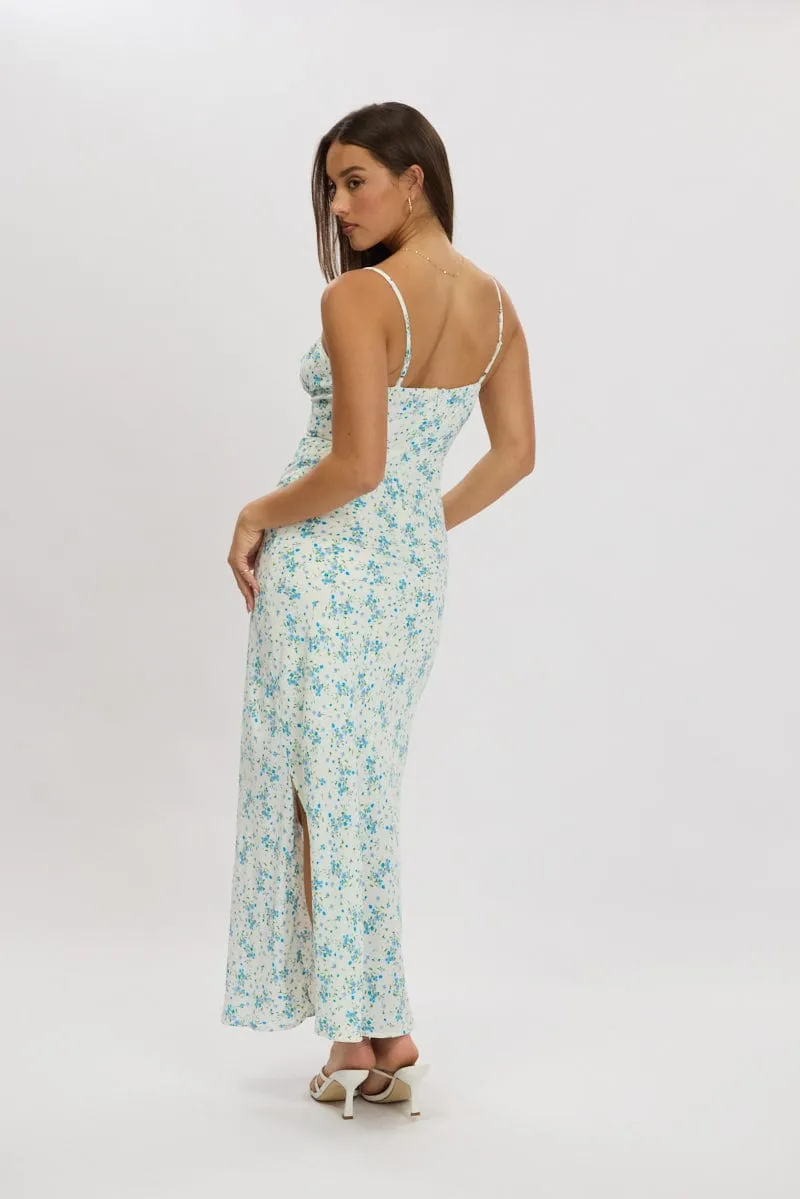 Blue Floral Midi Dress Gathering Bust Sleeveless sold by Ally Fashion product image thumbnail 4