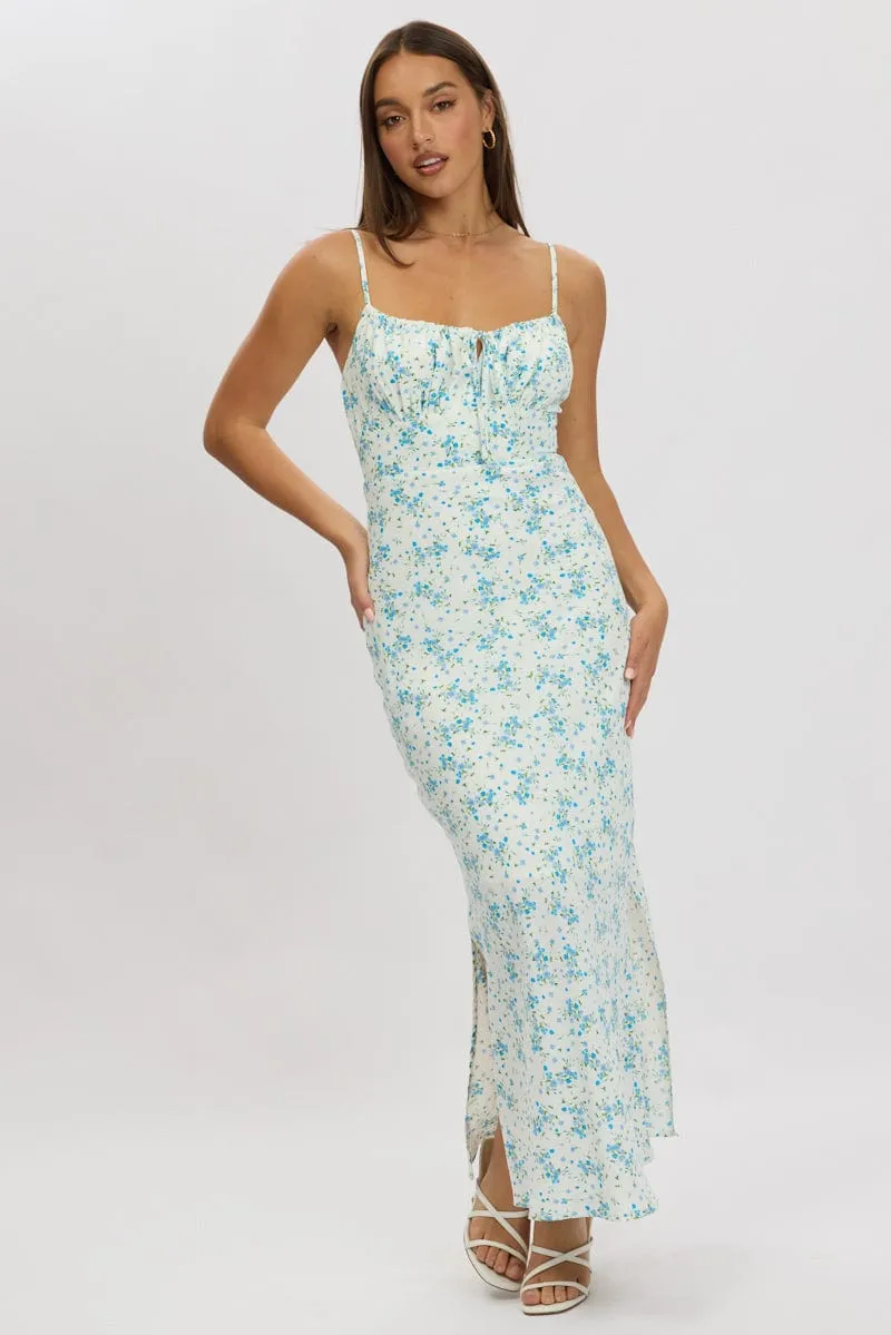 Blue Floral Midi Dress Gathering Bust Sleeveless sold by Ally Fashion product image thumbnail 2