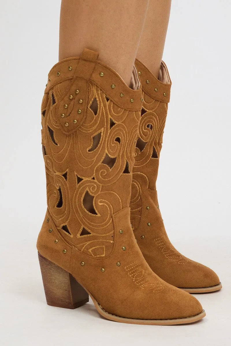 Brown Cut Out Western Boots sold by Ally Fashion