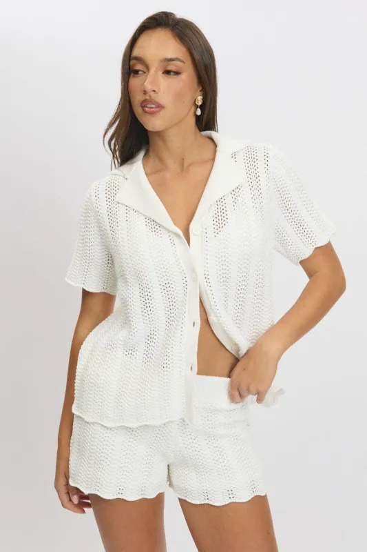White Crochet Knit Cardigan Collared sold by Ally Fashion