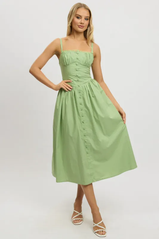Green Midi Dress Lace Trim Corset Detail Poplin sold by Ally Fashion