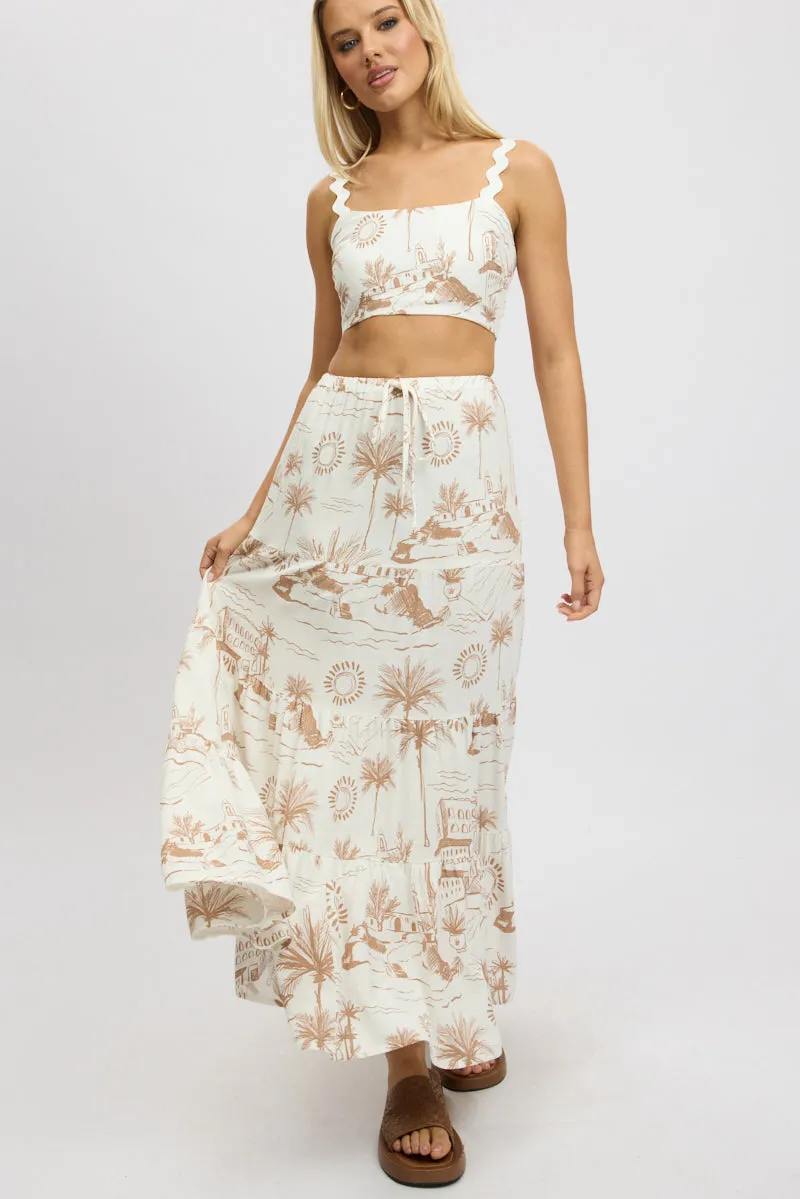 Brown Abstract Maxi Skirt Tiered High Rise Elastic Waistband sold by Ally Fashion