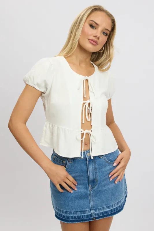 White Tie Front Top Puff Sleeve sold by Ally Fashion