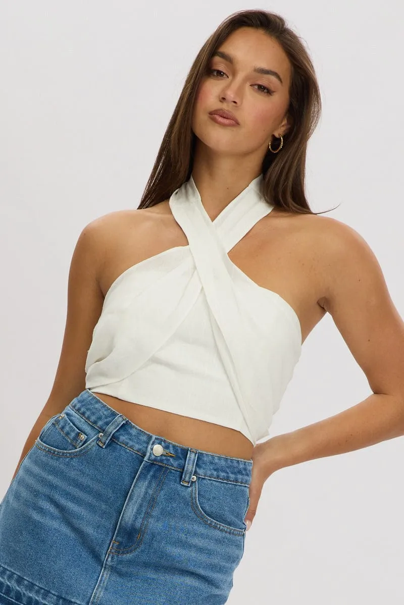White Halter Crop Top Linen Blend sold by Ally Fashion
