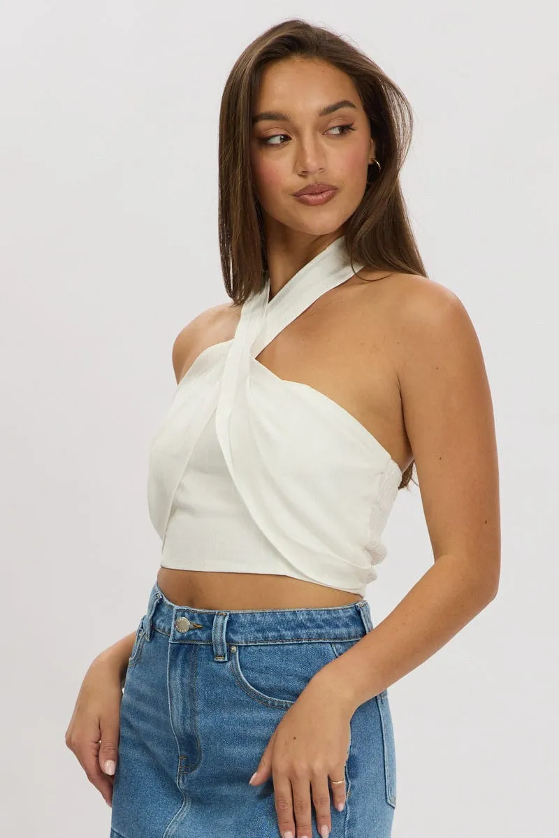 White Halter Crop Top Linen Blend sold by Ally Fashion product image thumbnail 3