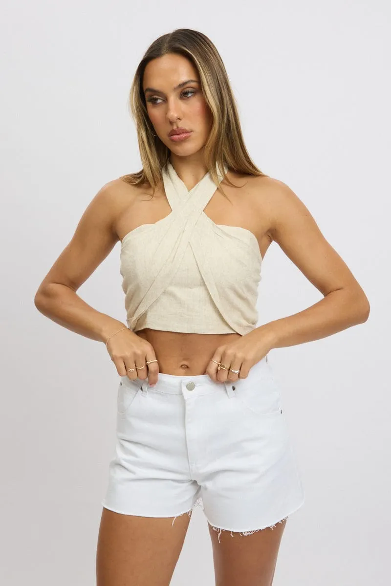 Beige Halter Crop Top Linen Blend sold by Ally Fashion product image thumbnail 3