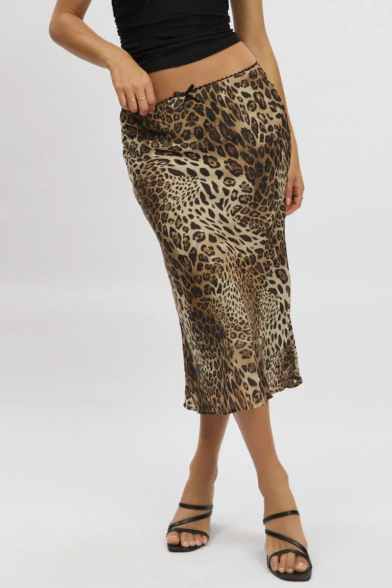 Brown Animal Print Slip Skirt High Rise Midi Picot Trim sold by Ally Fashion product image thumbnail 3