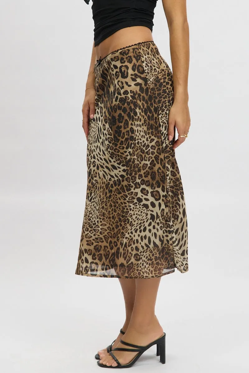 Brown Animal Print Slip Skirt High Rise Midi Picot Trim sold by Ally Fashion product image thumbnail 4