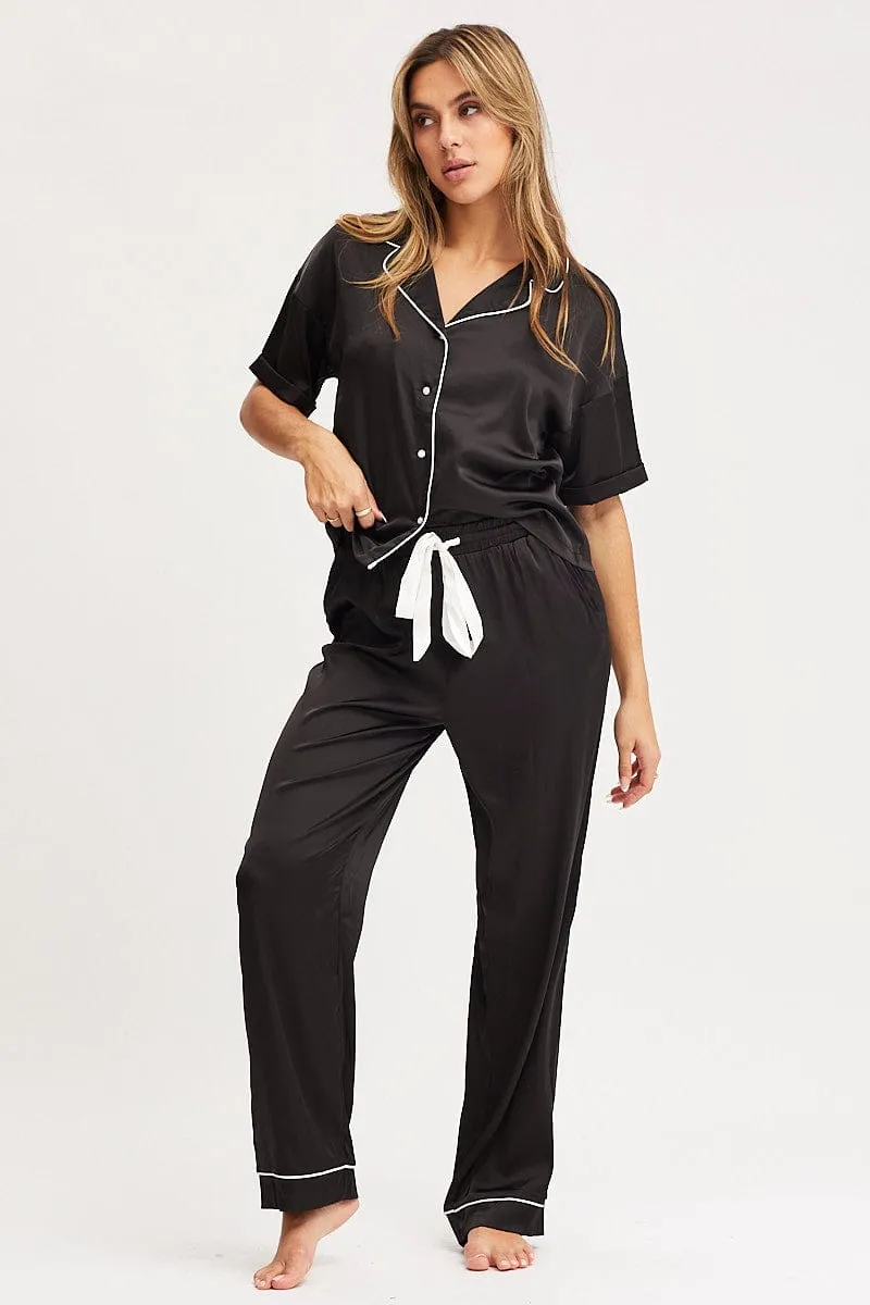 Black Satin Pajamas Set Short Sleeve sold by Ally Fashion product image thumbnail 3